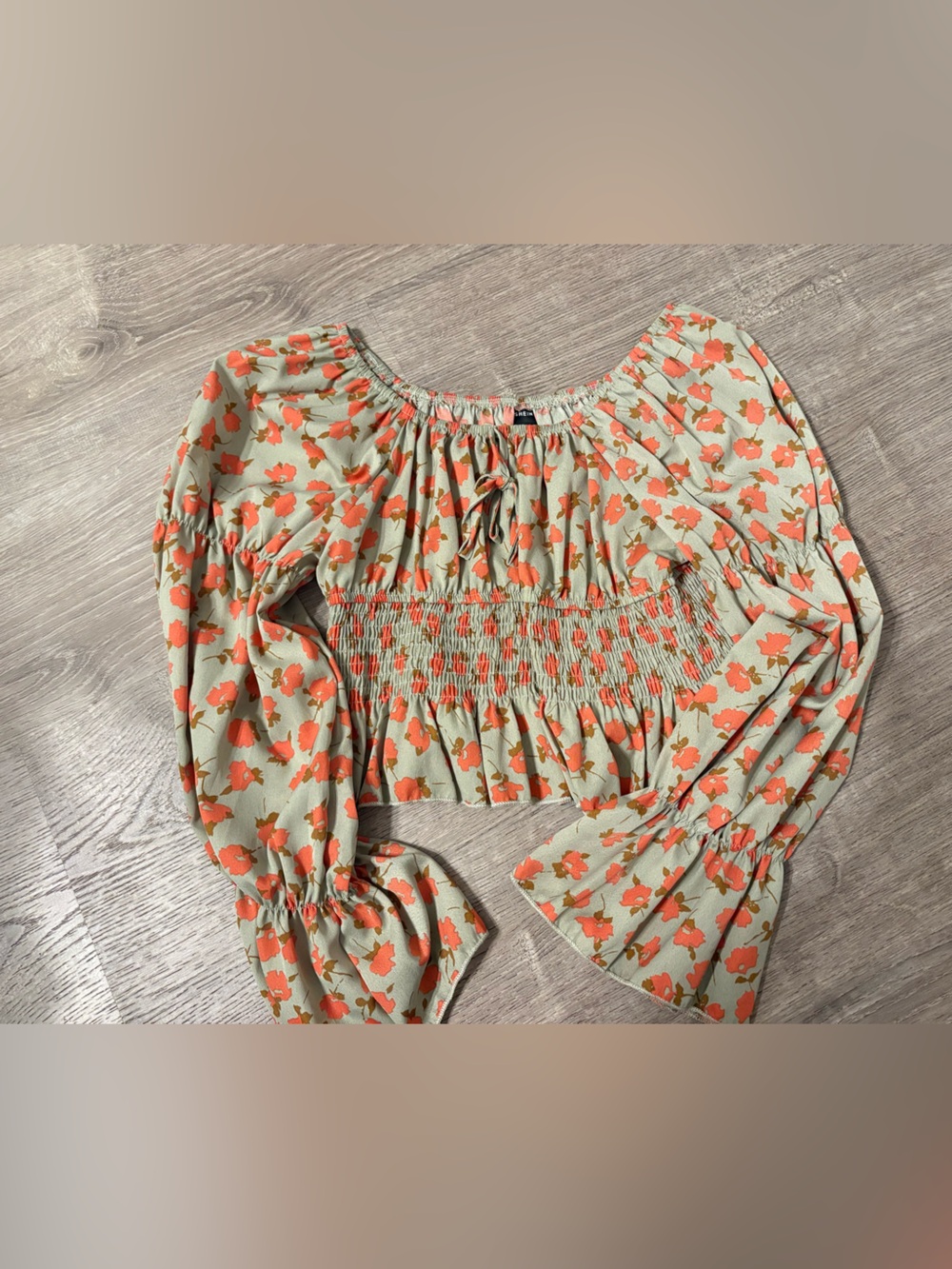 SHEIN Sage Green Smocked Off-Shoulder Blouse with Orange Floral Print